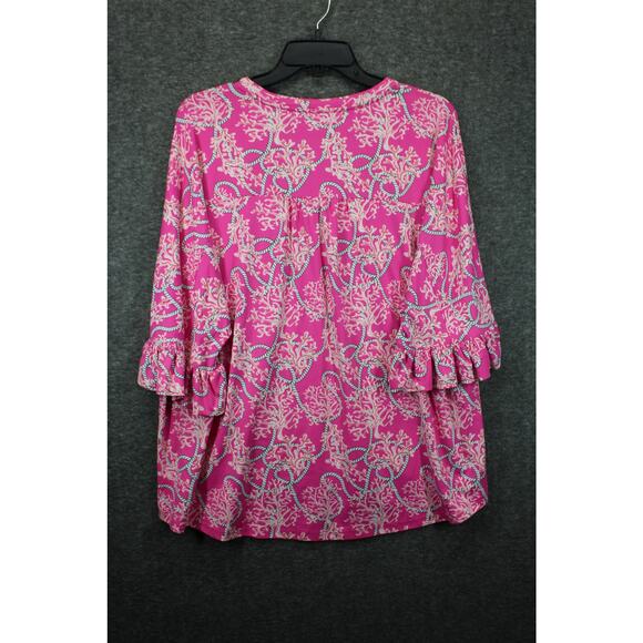 Lulu B 1X Pink Coral Print Blouse V-Neck 3/4 Sleeve Ruffle Cuff Top - Picture 2 of 6